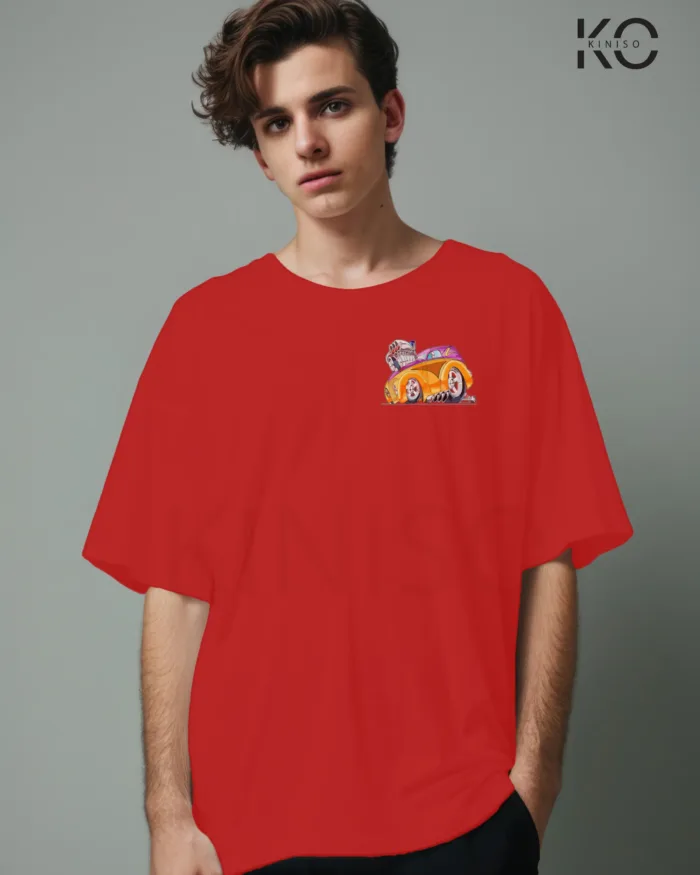Image of Red color drop shoulder t-shirt with Racing Car Engine Print for men at reasonable price
